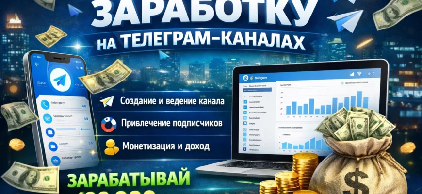 Инфографика: 7 шагов к заработку на телеграм каналах — техническая база, выбор ниши, упаковка, креативы, закупы, контент, монетизация. Визуальная схема системы.