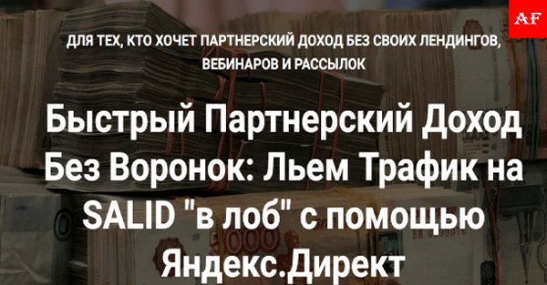 Схема работы системы быстрого партнерского дохода с помощью SALID и Яндекс.Директ