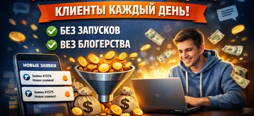 Схема работающей системы автопродаж: воронка из этапов "трафик → лид → автоматическая коммуникация → продажа" как часовой механизм.