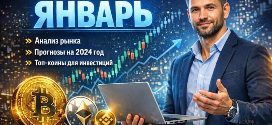 Иллюстрация: человек в стрессе смотрит на хаотичные графики криптобиржи, символы страха и потерь.